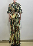 Summer V-Neck Short-Sleeved Top Wide-Leg Pants Irregular Striped Print Two-Piece Suit