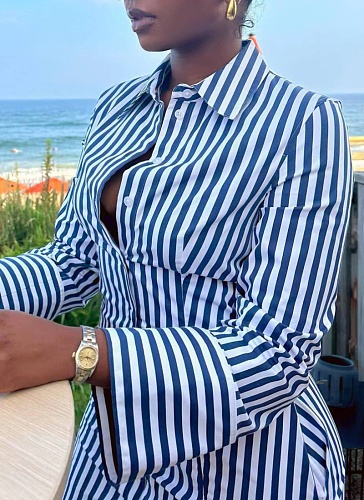 New Style Printed Striped Single Breasted Shirt Dress For Women