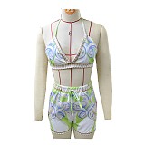 Casual Printed Beach Swimsuit Wrap-around Shirt Shorts Three-piece Set