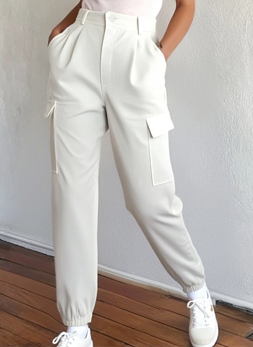 White Casual Pocket Long Slim Fit Cargo Casual Pants