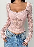 Sexy V-Neck Long-Sleeved Navel-Baring Lace Cropped Top For Women