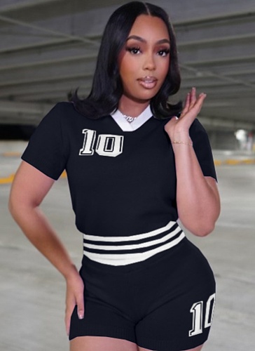Casual Summer Lapel Contrast Color Knitted Short-Sleeved Shorts Two-Piece Suit For Women