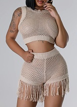 Khaki Knitted Hand Hook Hollow Tassel Sexy Shorts Two-Piece Set