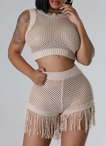 Khaki Knitted Hand Hook Hollow Tassel Sexy Shorts Two-Piece Set