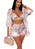 Casual Printed Beach Swimsuit Wrap-around Shirt Shorts Three-piece Set