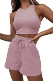 Solid Color Vest Fashion Casual Sleeveless Waffle Short Two-piece Suit