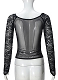 Sexy V-Neck Long-Sleeved Navel-Baring Lace Cropped Top For Women