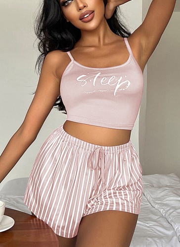Suspender Letter Print Backless Pure Striped Drawstring Shorts Home Suit