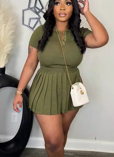 Army Green Women POLO Neck Buttons Pleated Short Skirt 2 Pieces Sets CN-0223