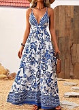 Fashionable And Elegant Deep V-Neck Cross Back Long Print Dress