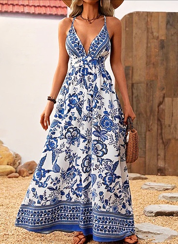 Fashionable And Elegant Deep V-Neck Cross Back Long Print Dress