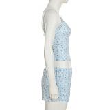 Casual Home Small Floral Plaid Suspender Top Elastic Shorts Two-piece Set