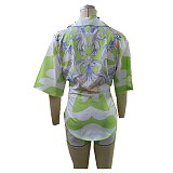 Casual Printed Beach Swimsuit Wrap-around Shirt Shorts Three-piece Set