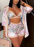 Casual Printed Beach Swimsuit Wrap-around Shirt Shorts Three-piece Set