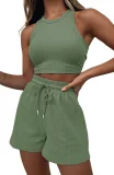 Solid Color Vest Fashion Casual Sleeveless Waffle Short Two-piece Suit