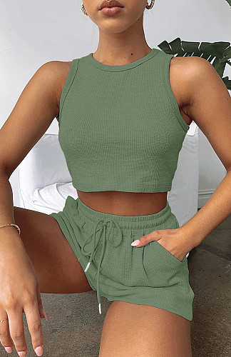 Solid Color Vest Fashion Casual Sleeveless Waffle Short Two-piece Suit