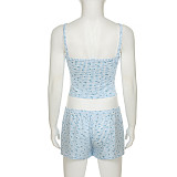 Casual Home Small Floral Plaid Suspender Top Elastic Shorts Two-piece Set