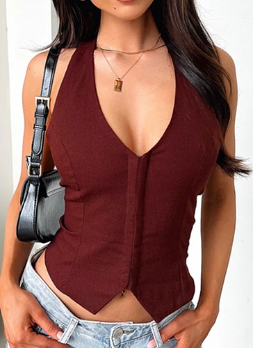 Women's Burgundy Sleeveless Back Tie Hollow Vest