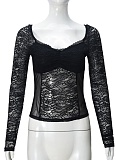Sexy V-Neck Long-Sleeved Navel-Baring Lace Cropped Top For Women