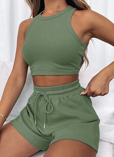 Solid Color Vest Fashion Casual Sleeveless Waffle Short Two-piece Suit
