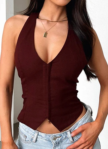 Women's Burgundy Sleeveless Back Tie Hollow Vest