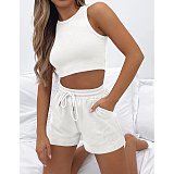 Solid Color Vest Fashion Casual Sleeveless Waffle Short Two-piece Suit