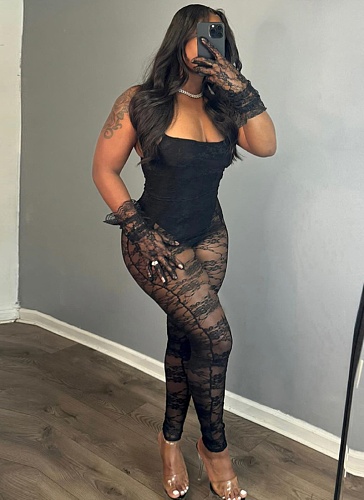 Sexy Suspenders Stitching Perspective Hollow High Elastic Jumpsuit For Women