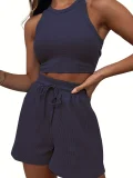 Solid Color Vest Fashion Casual Sleeveless Waffle Short Two-piece Suit