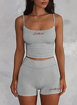 Casual Slim Fit Letter Print Suspender Shorts Fitness Two-piece Set