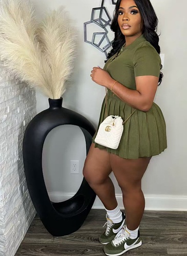 Army Green Women POLO Neck Buttons Pleated Short Skirt 2 Pieces Sets CN-0223