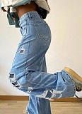 Light Blue Women'S Straight-Leg Ripped Jeans