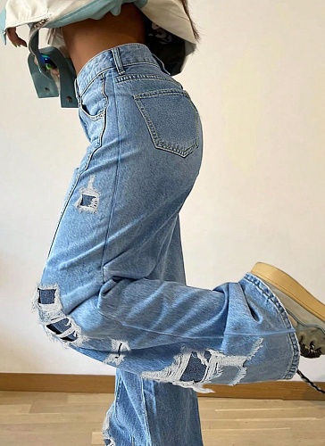 Light Blue Women'S Straight-Leg Ripped Jeans