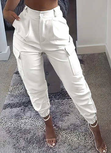 White Casual Pocket Long Slim Fit Cargo Casual Pants