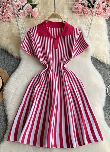 Contrast Color Lapel Short Sleeve Striped Waist Slimming A-line Knitted Dress