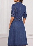 Dark Blue New Denim Waist Slimming Short-Sleeved Mid-Length Dress