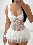 Exquisite Suspender Transparent Lace Multi-Layered Ruffle Dress For Women
