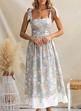 New Holiday Style French Floral Waist Slim Fit Color Matching Suspender Dress For Women