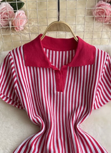 Contrast Color Lapel Short Sleeve Striped Waist Slimming A-line Knitted Dress