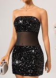 Women'S Sequined Mesh Splicing Tube Top Strapless Summer Dress