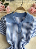 Contrast Color Lapel Short Sleeve Striped Waist Slimming A-line Knitted Dress