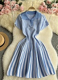 Contrast Color Lapel Short Sleeve Striped Waist Slimming A-line Knitted Dress