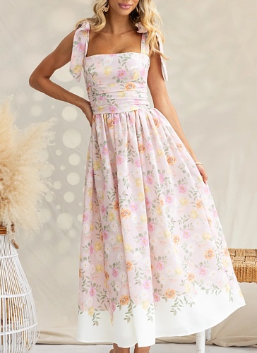 New Holiday Style French Floral Waist Slim Fit Color Matching Suspender Dress For Women
