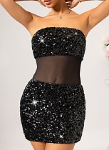 Women'S Sequined Mesh Splicing Tube Top Strapless Summer Dress