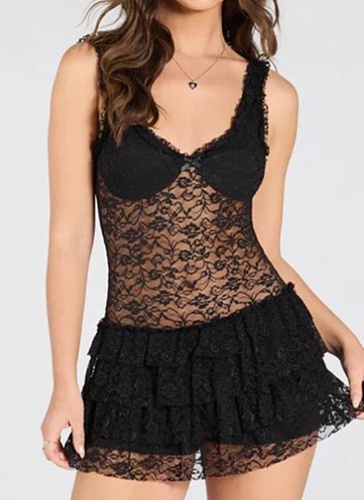 Exquisite Suspender Transparent Lace Multi-Layered Ruffle Dress For Women