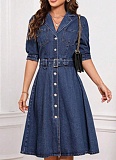 Dark Blue New Denim Waist Slimming Short-Sleeved Mid-Length Dress