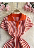 Contrast Color Lapel Short Sleeve Striped Waist Slimming A-line Knitted Dress
