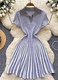 Contrast Color Lapel Short Sleeve Striped Waist Slimming A-line Knitted Dress