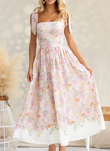 New Holiday Style French Floral Waist Slim Fit Color Matching Suspender Dress For Women