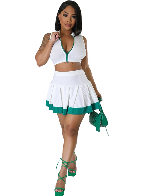 Fashion Sleeveless Cardigan Vest Belly-exposing Slim Short Skirt Two-piece Set