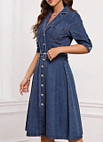 Dark Blue New Denim Waist Slimming Short-Sleeved Mid-Length Dress